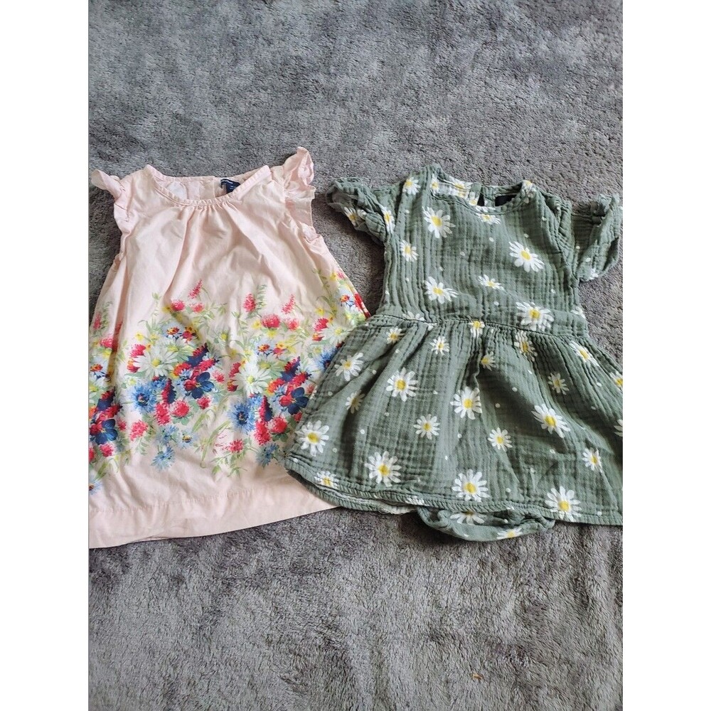 Toddler Girls 12-18M Olive Green Daisy Print Dress & Pale Pink Floral Dress